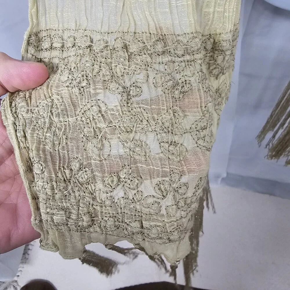 Green Boho Sheer Beaded Embroidered Shimmery Fringed Scarf - Picture 10 of 12